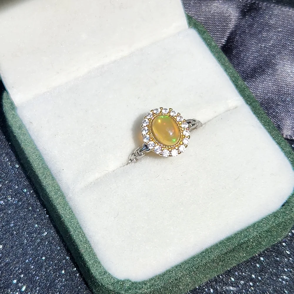S925 opal ring with colorful flash and zircone - adjustable size band